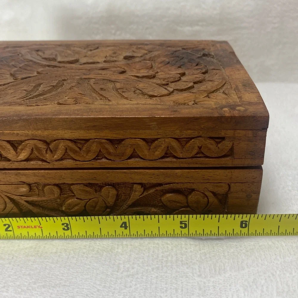 Hand‎ Carved Wooden Trinket Box Jewelry Keepsake Blue Velvet Lined